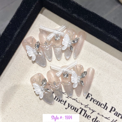K-Pop Idol Aesthetic Press On Nails – Butterfly Pink Cat Eye French Nail Set (10PCS)