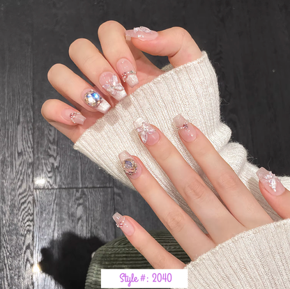 K-Pop Idol Aesthetic Press On Nails – Butterfly Pink Cat Eye French Nail Set (10PCS)