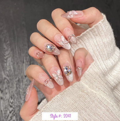 K-Pop Idol Aesthetic Press On Nails – Butterfly Pink Cat Eye French Nail Set (10PCS)