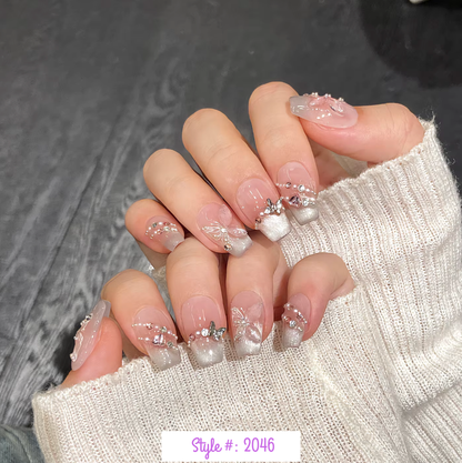 K-Pop Idol Aesthetic Press On Nails – Butterfly Pink Cat Eye French Nail Set (10PCS)