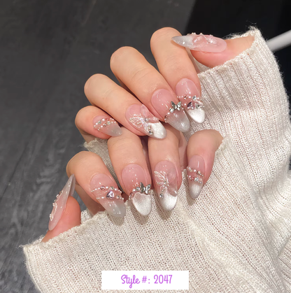 K-Pop Idol Aesthetic Press On Nails – Butterfly Pink Cat Eye French Nail Set (10PCS)