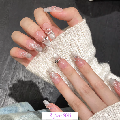 K-Pop Idol Aesthetic Press On Nails – Butterfly Pink Cat Eye French Nail Set (10PCS)